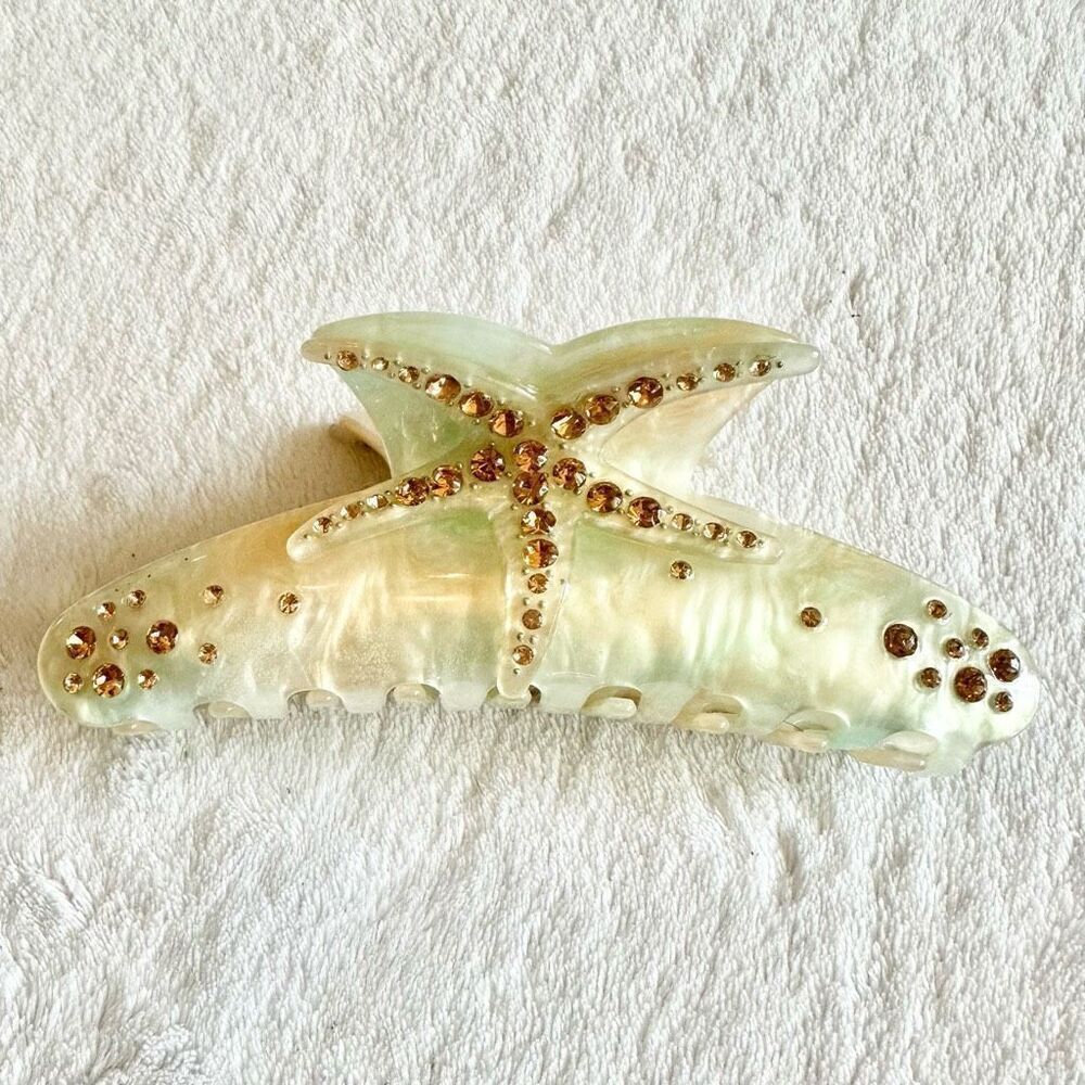 Cream, mint, and gold color starfish hair claw